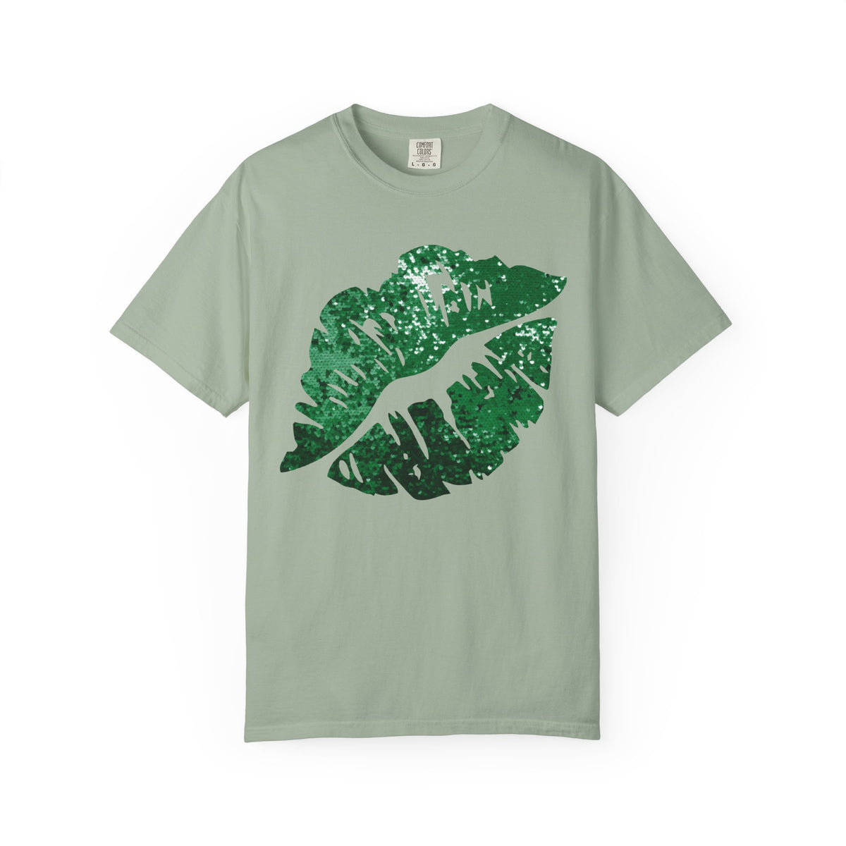 Green Faux Glitter Kiss - Comfort Colors | Trendy Women's T-Shirt. Direct to Garment. Printed & Shipped in the USA. Unisex Sizes.