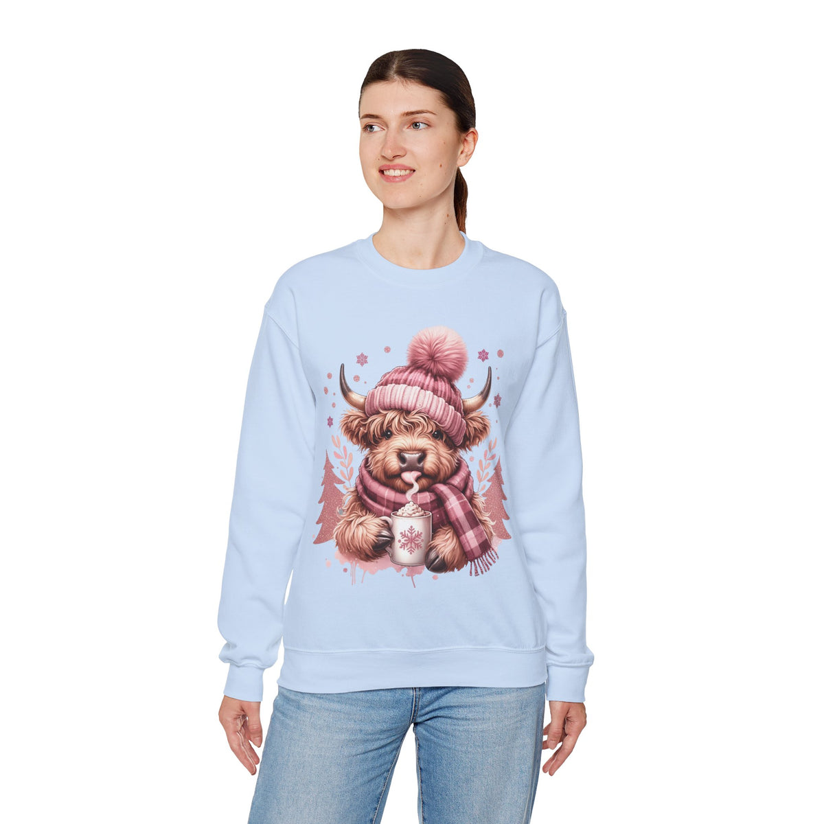 Cozy Highland Cow, Winter Coffee Mug & Scarf Pink – Gildan Heavy Blend | Trendy Women’s Soft Sweatshirt. Direct to Garment. Printed & Shipped in the USA. Unisex Sizes.