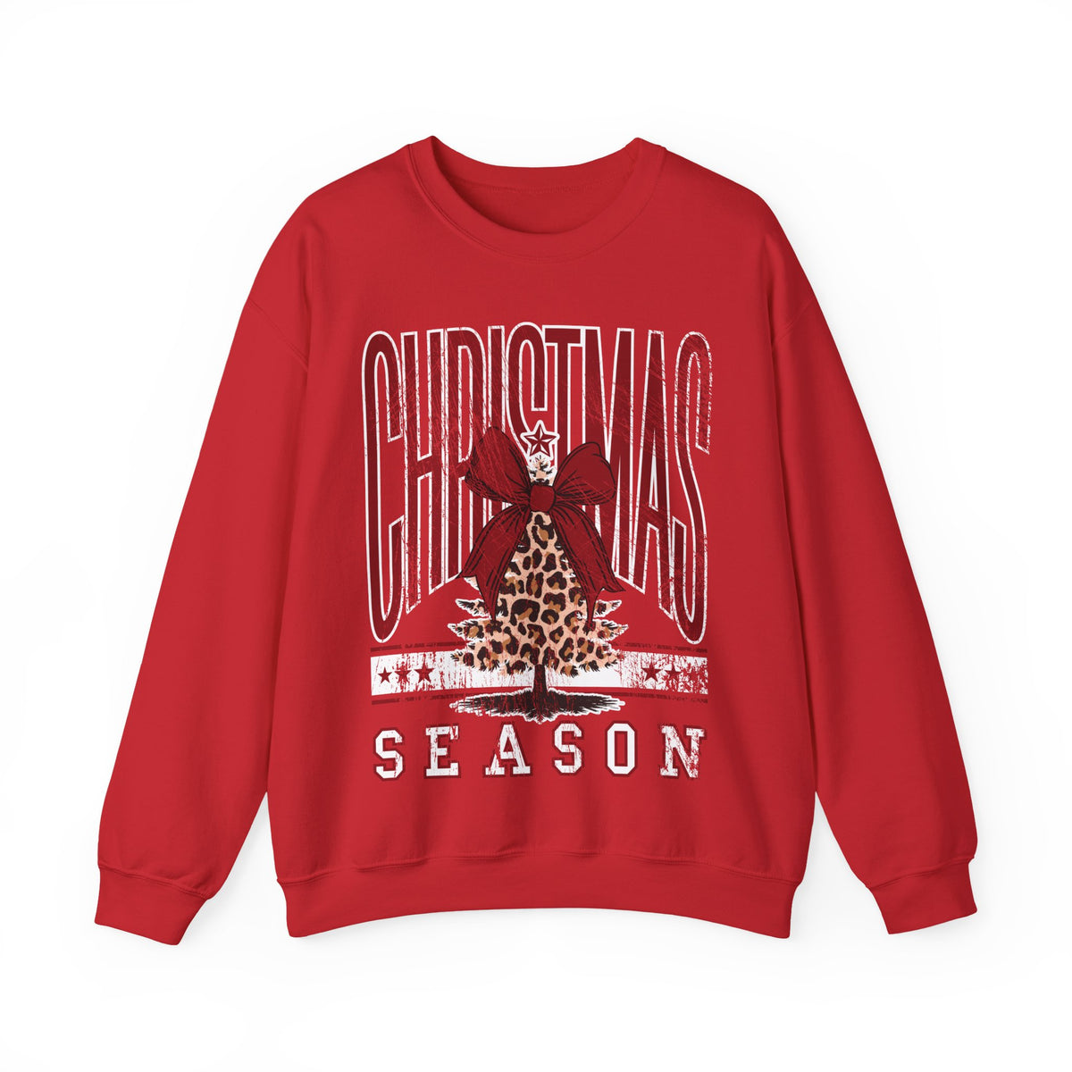 Christmas Season Leopard Tree Distressed – Gildan Heavy Blend | Trendy Women’s Soft Sweatshirt. Direct to Garment. Printed & Shipped in the USA. Unisex Sizes.