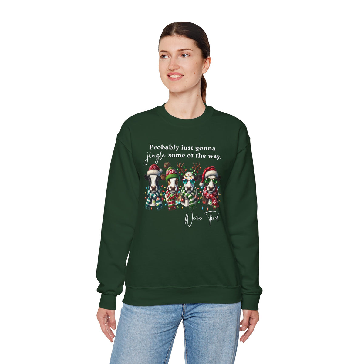 Christmas Cows - Probably Just Gonna Jingle Some Of The Way – Gildan Heavy Blend | Trendy Women’s and Men's Soft Sweatshirt. Direct to Garment. Printed & Shipped in the USA. Unisex Sizes.