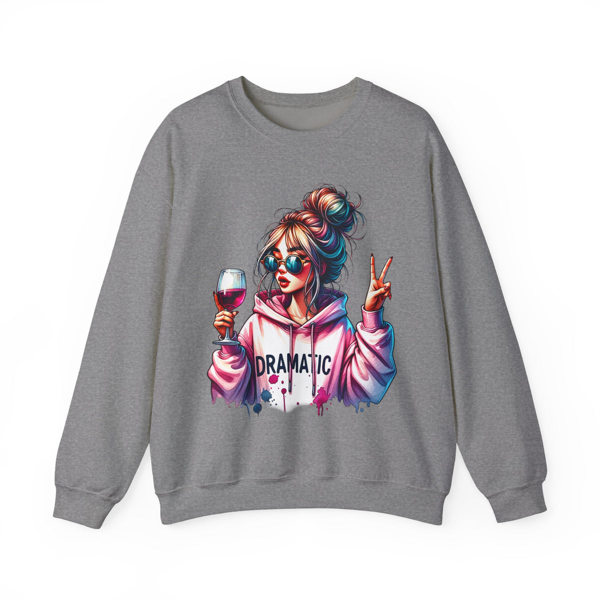 Dramatic Girl With Wine Messy Bun Peace Sign – Gildan Heavy Blend | Trendy Women’s Soft Sweatshirt. Direct to Garment. Printed & Shipped in the USA. Unisex Sizes.