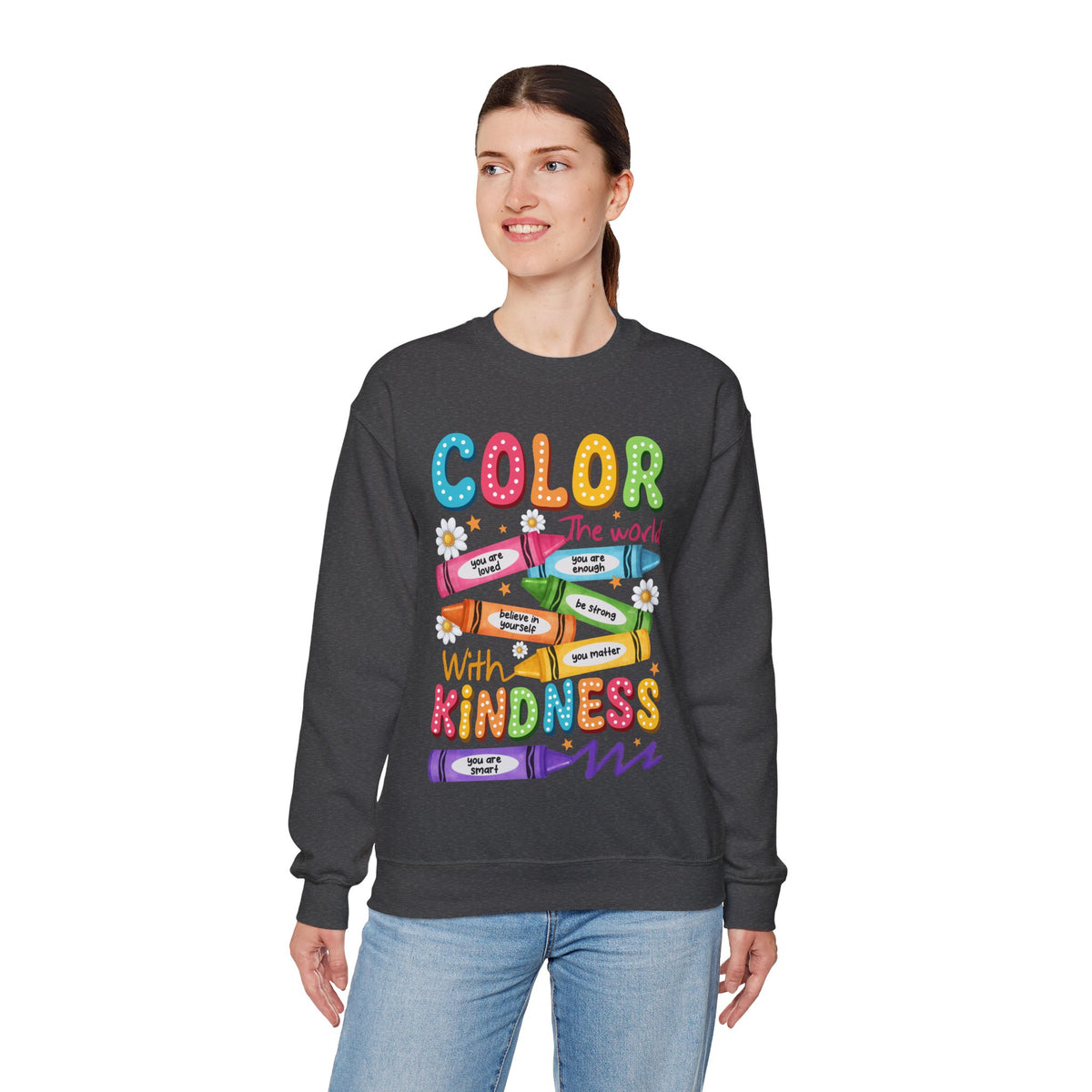 Color the World With Kindness Crayons, Great Teacher Gift – Gildan Heavy Blend | Trendy Women’s and Men's Soft Sweatshirt. Direct to Garment. Printed & Shipped in the USA. Unisex Sizes.