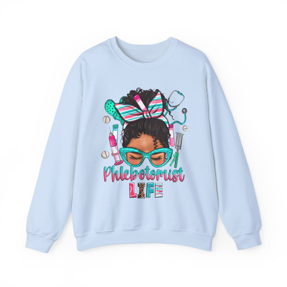 Phlebotomist Life, Messy Bun – Gildan Heavy Blend | Trendy Women’s Soft Sweatshirt. Direct to Garment. Printed & Shipped in the USA. Unisex Sizes.