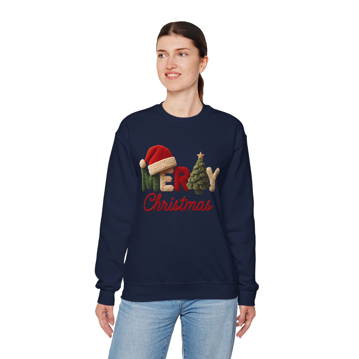 Merry Christmas Faux Yarn w/Santa Hat & Tree – Gildan Heavy Blend | Trendy Women’s Soft Sweatshirt. Direct to Garment. Printed & Shipped in the USA. Unisex Sizes.