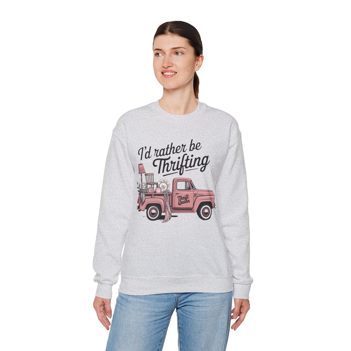 I'd Rather Be Thrifting. Pink Vintage Truck – Gildan Heavy Blend | Trendy Women’s Soft Sweatshirt. Direct to Garment. Printed & Shipped in the USA. Unisex Sizes.