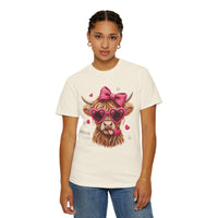 Highland Cow - Pink Heart Shaped Glasses - Comfort Colors | Trendy Women's T-Shirt. Direct to Garment. Printed & Shipped in the USA. Unisex Sizes.