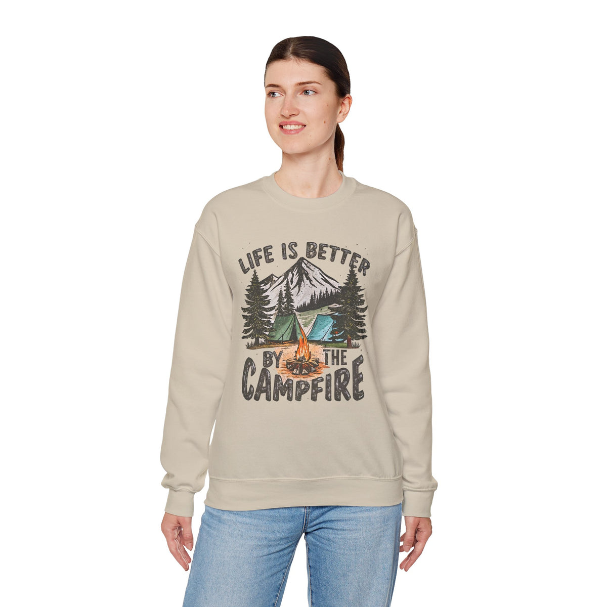 Life is Better By the Campfire – Gildan Heavy Blend | Trendy Women’s and Men's Soft Sweatshirt. Direct to Garment. Printed & Shipped in the USA. Unisex Sizes.