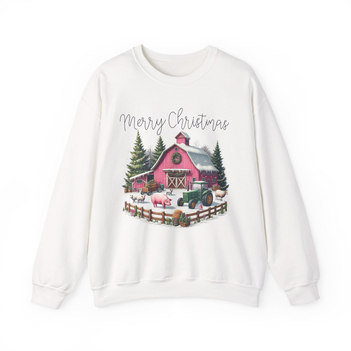 Merry Christmas Pink Barn Farm Animals – Gildan Heavy Blend | Trendy Women’s Soft Sweatshirt. Direct to Garment. Printed & Shipped in the USA. Unisex Sizes.