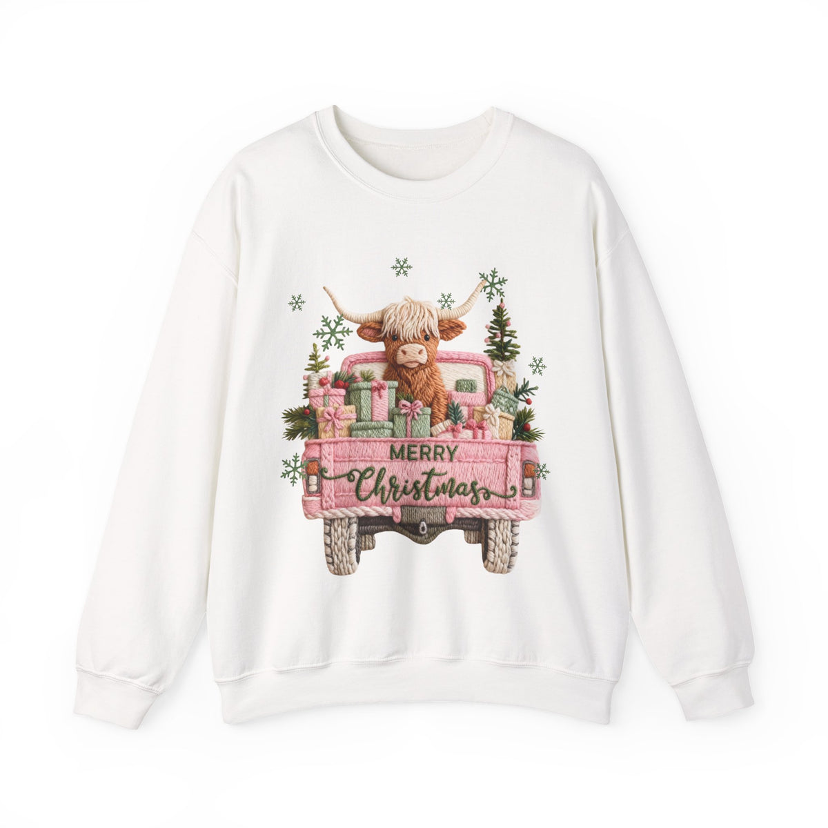 Highland Cow in Pink Truck Merry Christmas Holiday Farmhouse – Gildan Heavy Blend | Trendy Women’s Soft Sweatshirt. Direct to Garment. Printed & Shipped in the USA. Unisex Sizes.