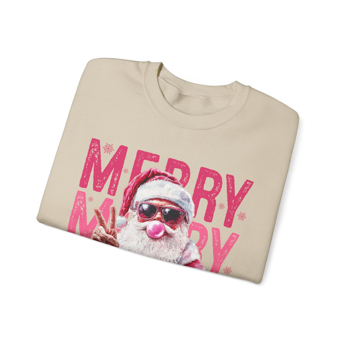 Pink Merry Christmas Bubblegum Santa – Gildan Heavy Blend | Trendy Women’s Soft Sweatshirt. Direct to Garment. Printed & Shipped in the USA. Unisex Sizes.