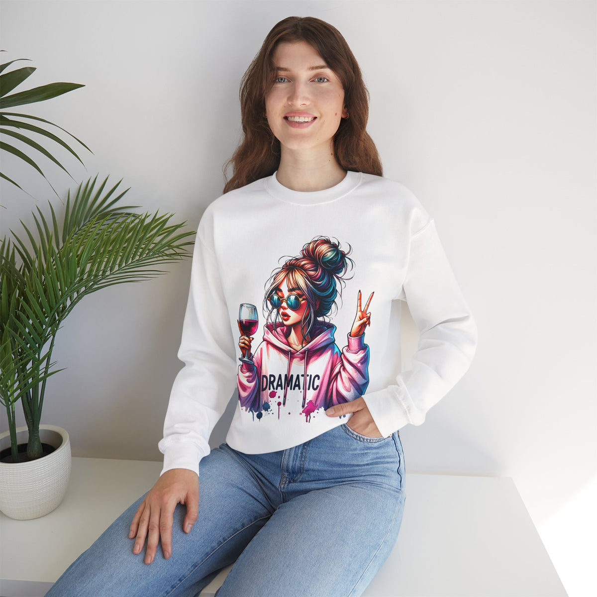Dramatic Girl With Wine Messy Bun Peace Sign – Gildan Heavy Blend | Trendy Women’s Soft Sweatshirt. Direct to Garment. Printed & Shipped in the USA. Unisex Sizes.