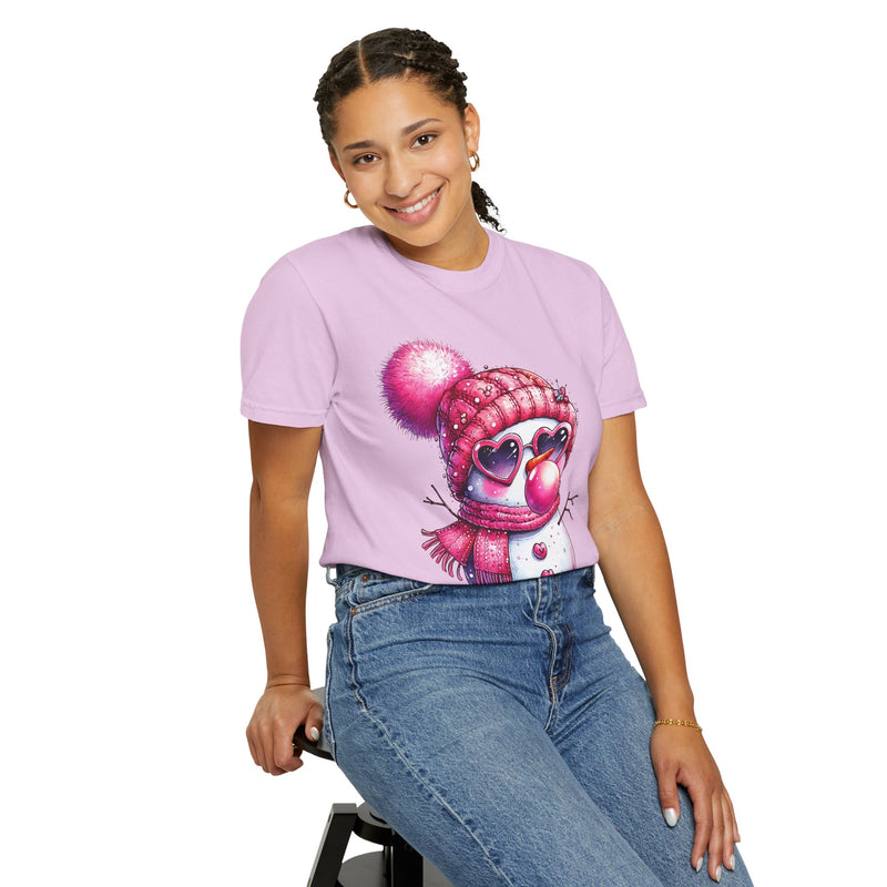 Pink Girly Snowman with Heart Sunglasses and Bubblegum Winter - Comfort Colors | Trendy Women's T-Shirt. Direct to Garment. Printed & Shipped in the USA. Unisex Sizes.