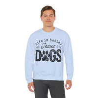 Life is Better With Jesus and My Dogs – Gildan Heavy Blend | Trendy Women’s and Men's Soft Sweatshirt. Direct to Garment. Printed & Shipped in the USA. Unisex Sizes.