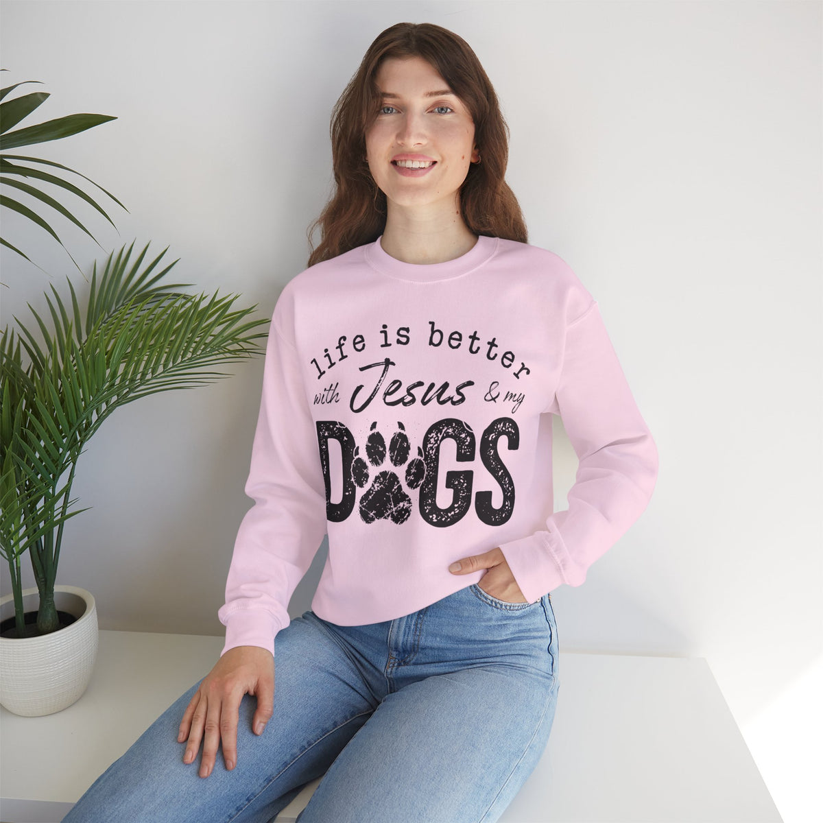 Life is Better With Jesus and My Dogs – Gildan Heavy Blend | Trendy Women’s and Men's Soft Sweatshirt. Direct to Garment. Printed & Shipped in the USA. Unisex Sizes.