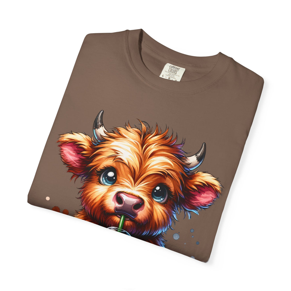 Coffee Addict Highland Cow Drinking Iced Coffee - Comfort Colors | Trendy Women's T-Shirt. Direct to Garment. Printed & Shipped in the USA. Unisex Sizes.