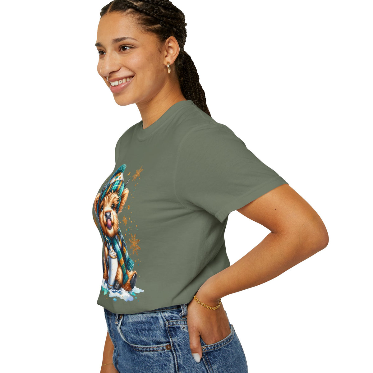 Winter Baby Highland Cow with Cocoa  - Comfort Colors | Trendy Women's T-Shirt. Direct to Garment. Printed & Shipped in the USA. Unisex Sizes.