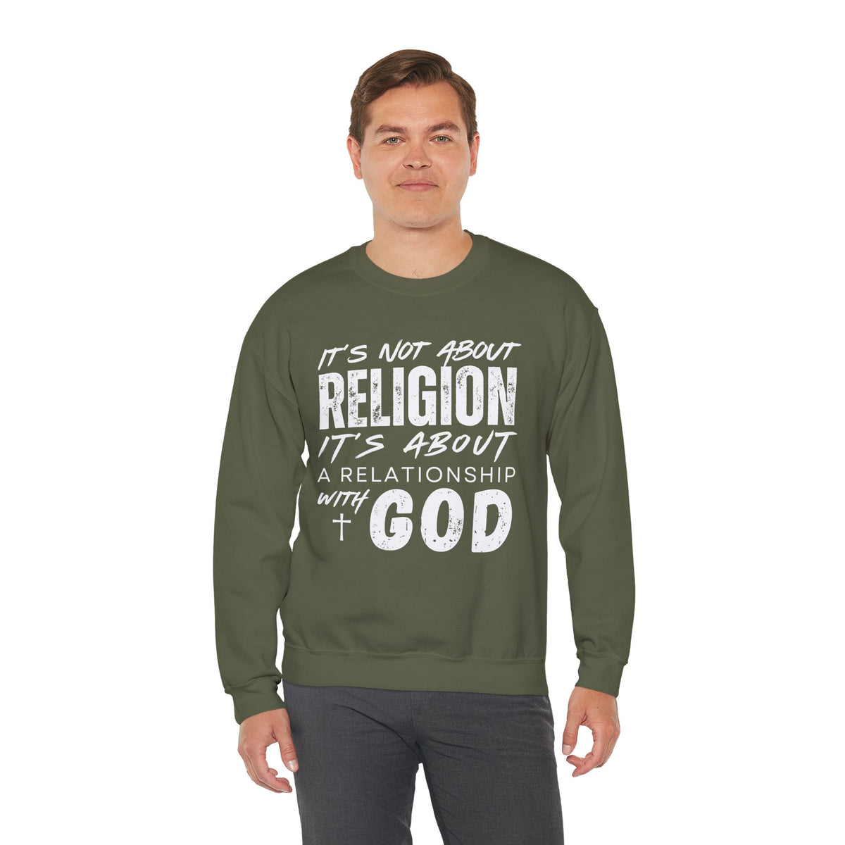 It's Not About Religion, It's About a Relationship with God – Gildan Heavy Blend | Trendy Men's and Women’s Soft Sweatshirt. Direct to Garment. Printed & Shipped in the USA. Unisex Sizes.