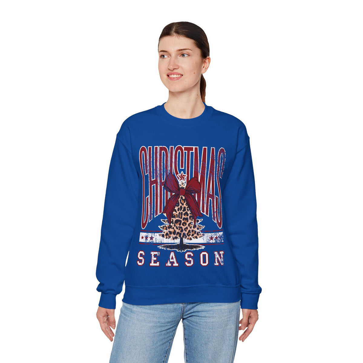Christmas Season Leopard Tree Distressed – Gildan Heavy Blend | Trendy Women’s Soft Sweatshirt. Direct to Garment. Printed & Shipped in the USA. Unisex Sizes.