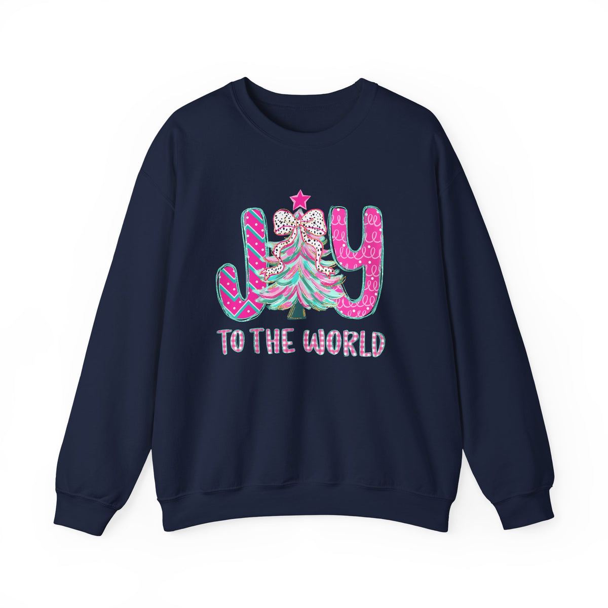 Joy to the World w/Christmas Tree Pink and Teal – Gildan Heavy Blend | Trendy Women’s Soft Sweatshirt. Direct to Garment. Printed & Shipped in the USA. Unisex Sizes.