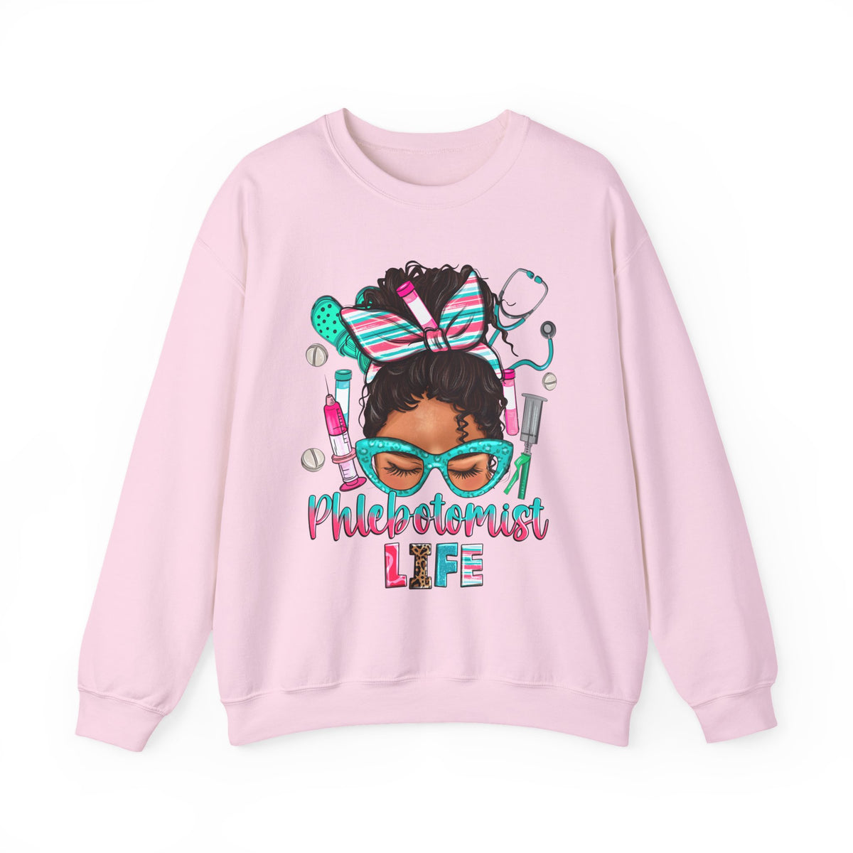 Phlebotomist Life, Messy Bun – Gildan Heavy Blend | Trendy Women’s Soft Sweatshirt. Direct to Garment. Printed & Shipped in the USA. Unisex Sizes.