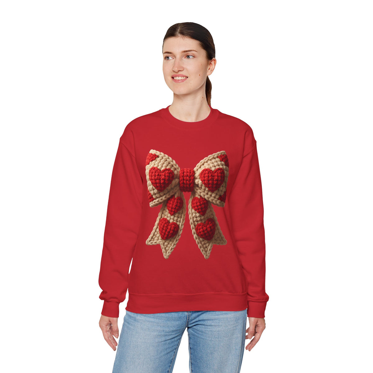 Faux Crochet Valentine Bow – Gildan Heavy Blend | Trendy Women’s Soft Sweatshirt. Direct to Garment. Printed & Shipped in the USA. Unisex Sizes.