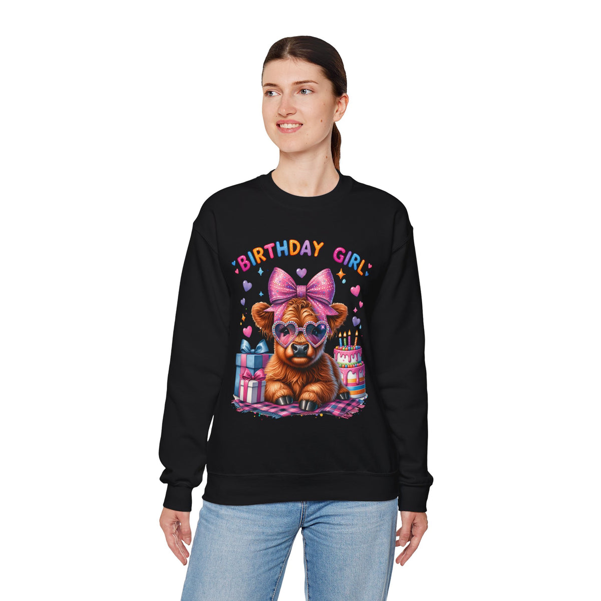 Birthday Girl, Highland Cow – Gildan Heavy Blend | Trendy Women’s Soft Sweatshirt. Direct to Garment. Printed & Shipped in the USA. Unisex Sizes.
