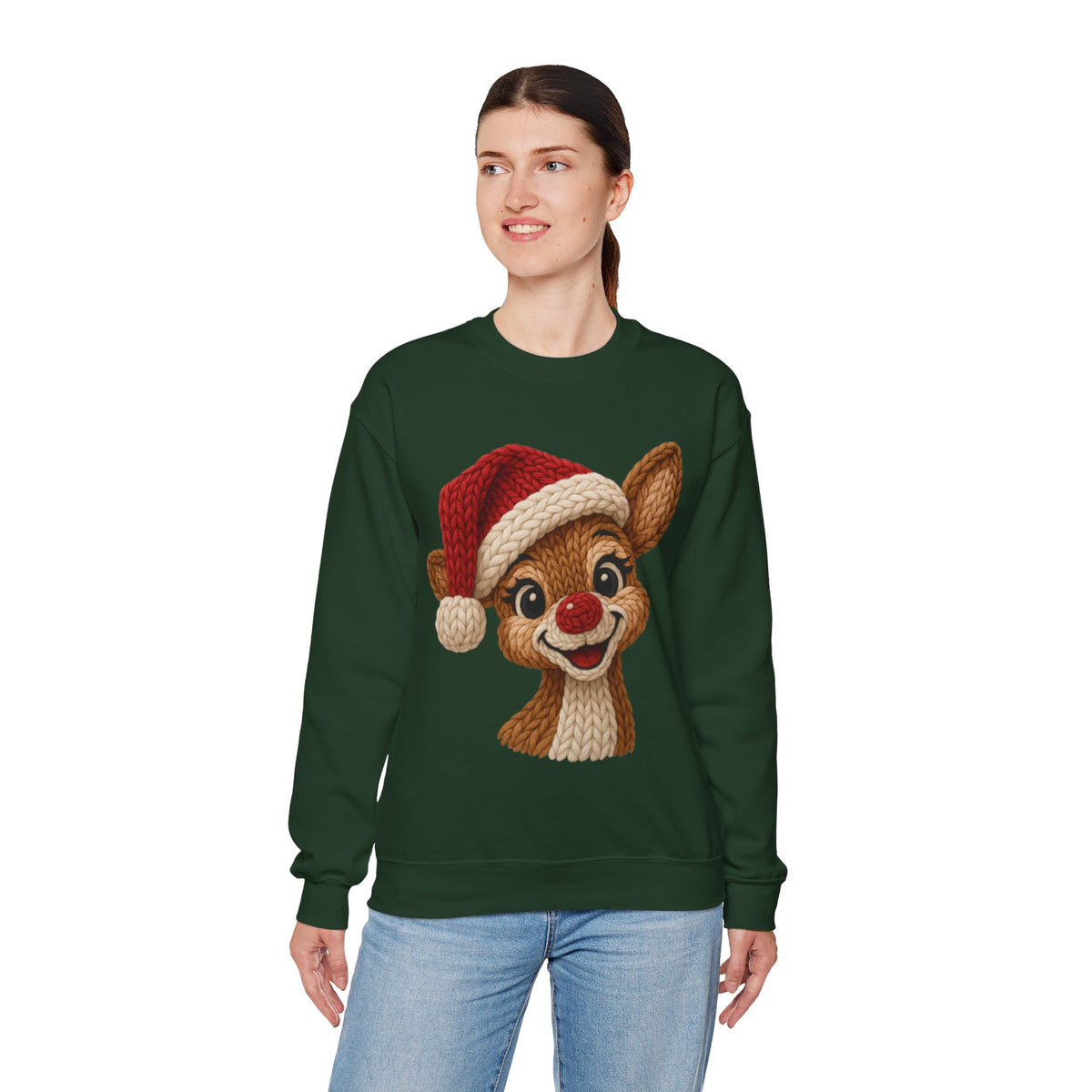 Cute Rudolph Faux Knit Look Reindeer w/Santa Hat – Gildan Heavy Blend | Trendy Women’s Soft Sweatshirt. Direct to Garment. Printed & Shipped in the USA. Unisex Sizes.