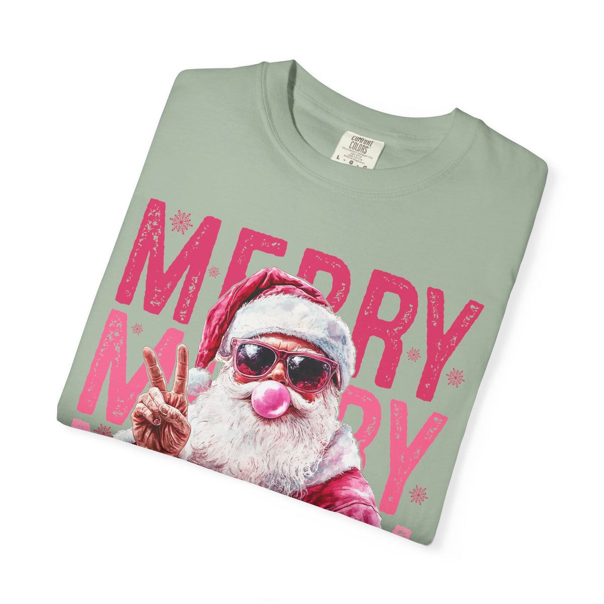 Pink Merry Christmas Bubblegum Santa - Comfort Colors | Trendy Women's T-Shirt. Direct to Garment. Printed & Shipped in the USA. Unisex Sizes.