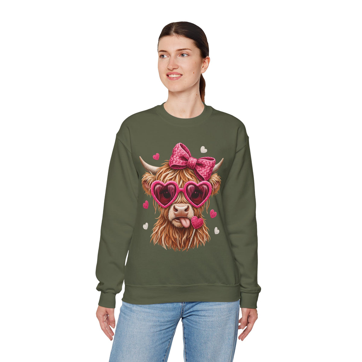 Highland Cow - Pink Heart Shaped Glasses – Gildan Heavy Blend | Trendy Women’s Soft Sweatshirt. Direct to Garment. Printed & Shipped in the USA. Unisex Sizes.