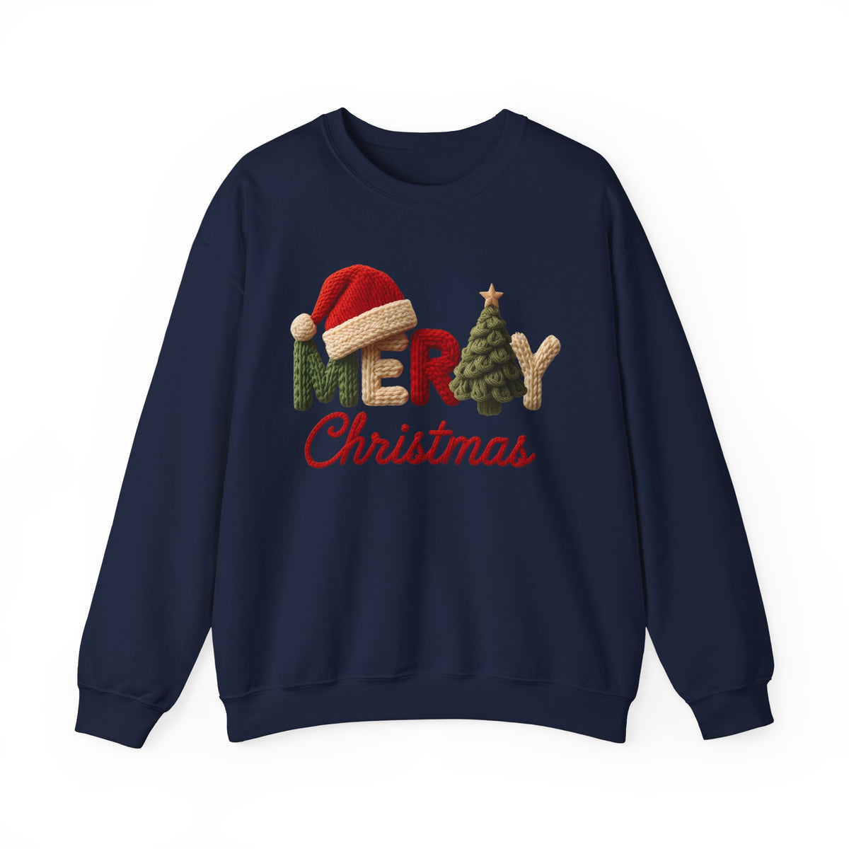 Merry Christmas Faux Yarn w/Santa Hat & Tree – Gildan Heavy Blend | Trendy Women’s Soft Sweatshirt. Direct to Garment. Printed & Shipped in the USA. Unisex Sizes.