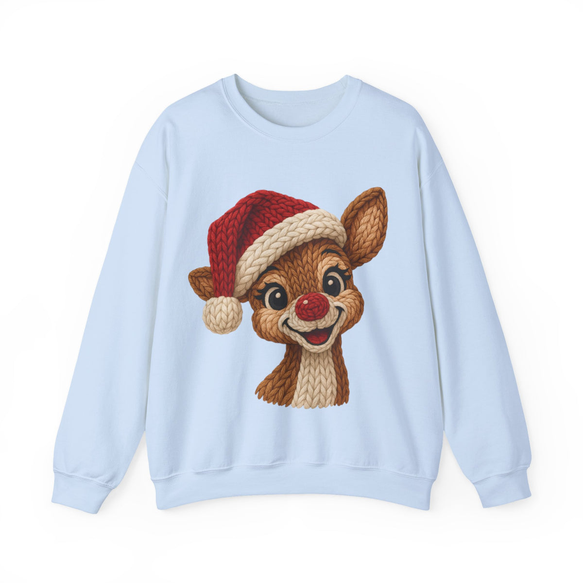 Cute Rudolph Faux Knit Look Reindeer w/Santa Hat – Gildan Heavy Blend | Trendy Women’s Soft Sweatshirt. Direct to Garment. Printed & Shipped in the USA. Unisex Sizes.
