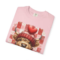 Highland Cow Be Mine, Red Checkered - Comfort Colors | Trendy Women's T-Shirt. Direct to Garment. Printed & Shipped in the USA. Unisex Sizes.