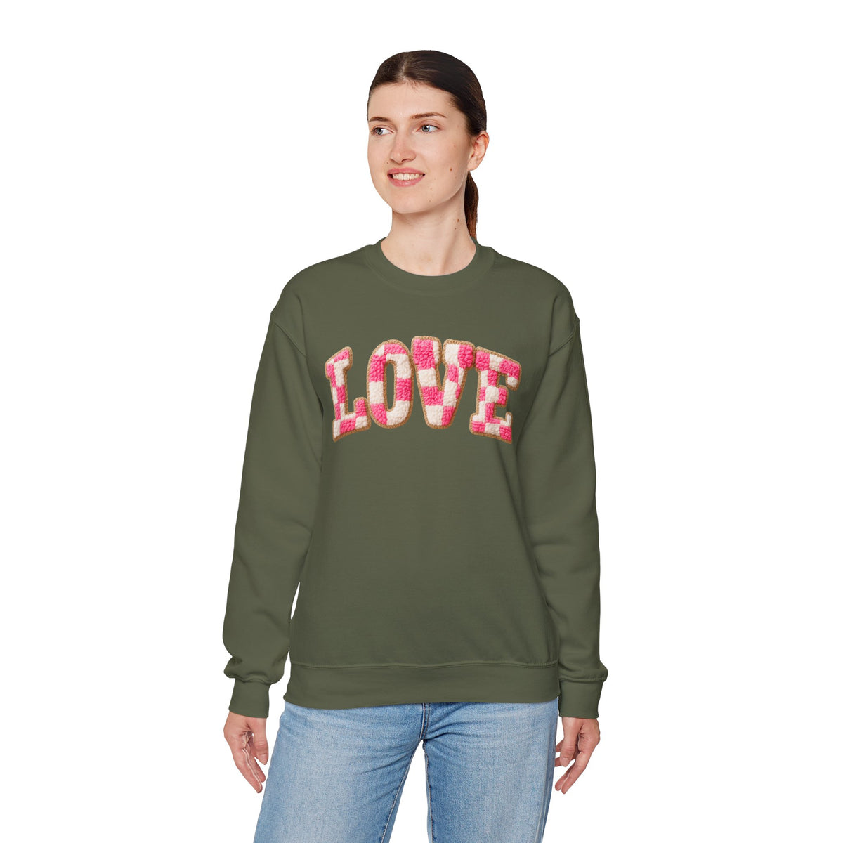 Faux Crochet Checkered LOVE – Gildan Heavy Blend | Trendy Women’s Soft Sweatshirt. Direct to Garment. Printed & Shipped in the USA. Unisex Sizes.