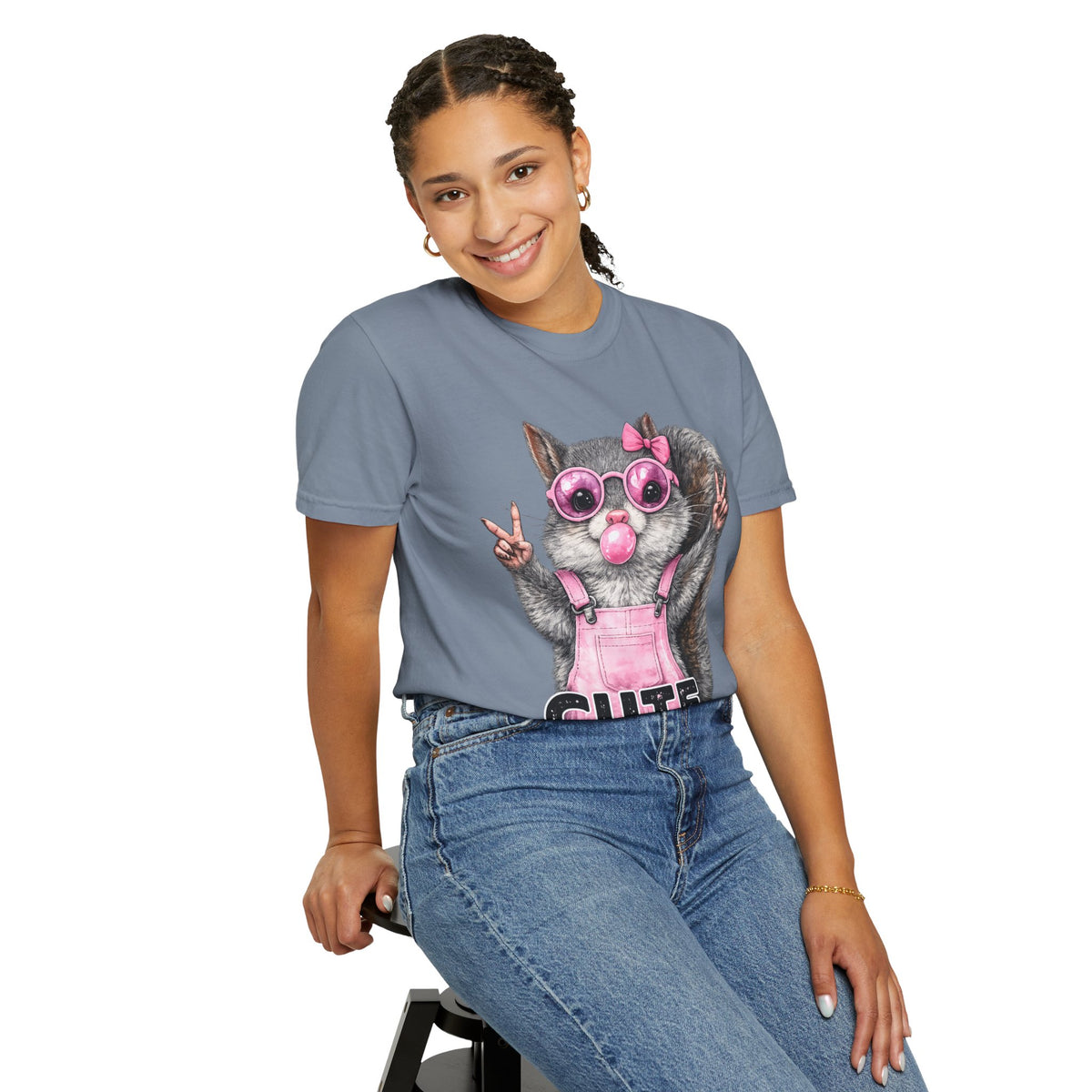 Cute But Feral, Squirrel in Pink Bibs - Comfort Colors | Trendy Women's T-Shirt. Direct to Garment. Printed & Shipped in the USA. Unisex Sizes.