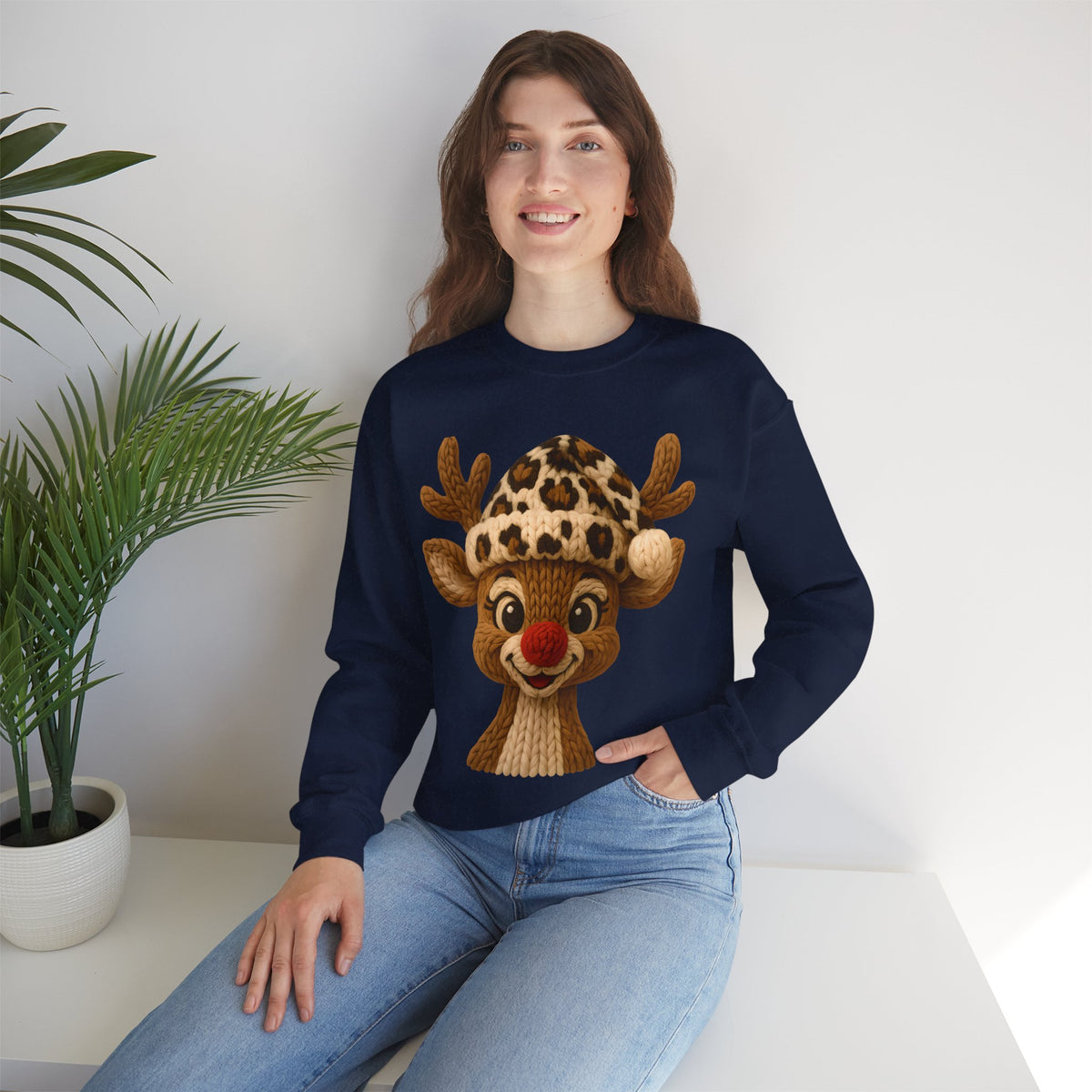 Rudolph Reindeer Leopard Santa Hat Christmas – Gildan Heavy Blend | Trendy Women’s Soft Sweatshirt. Direct to Garment. Printed & Shipped in the USA. Unisex Sizes.