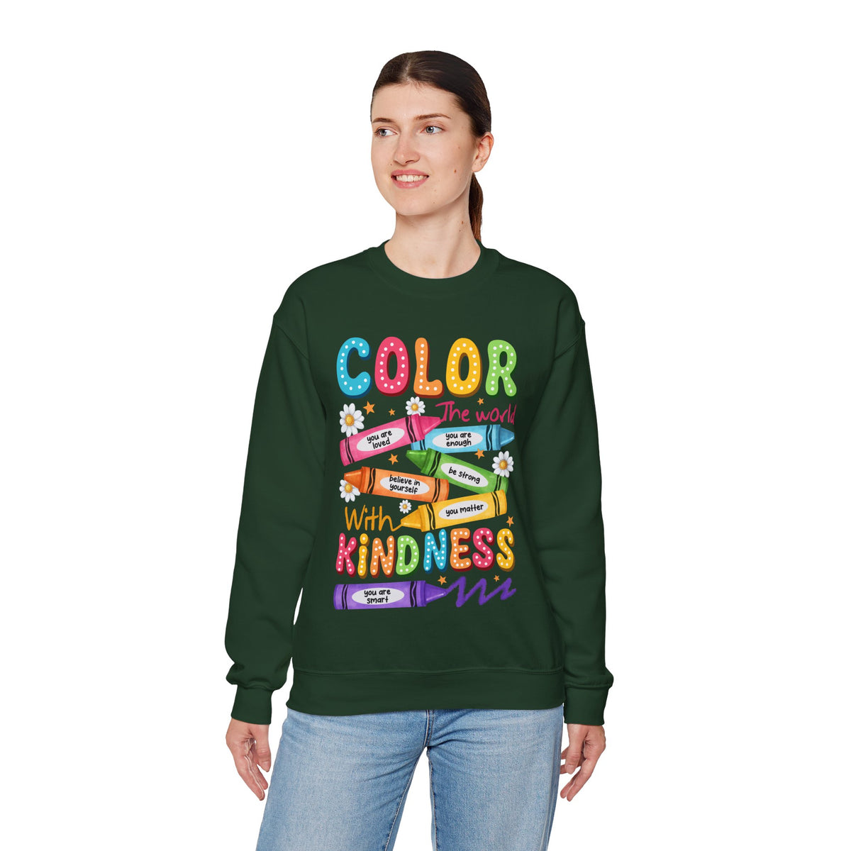 Color the World With Kindness Crayons, Great Teacher Gift – Gildan Heavy Blend | Trendy Women’s and Men's Soft Sweatshirt. Direct to Garment. Printed & Shipped in the USA. Unisex Sizes.