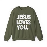 Jesus Loves You – Gildan Heavy Blend | Trendy Women’s and Men's Soft Sweatshirt. Direct to Garment. Printed & Shipped in the USA. Unisex Sizes.