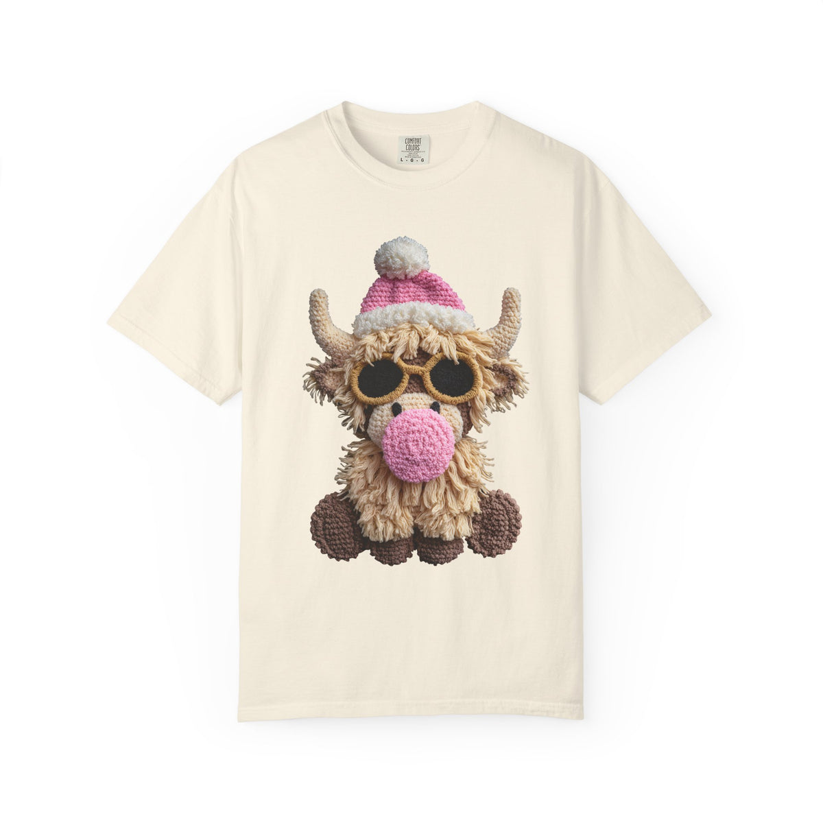 Faux Crochet Highland Cow Bubblegum - Comfort Colors | Trendy Women's T-Shirt. Direct to Garment. Printed & Shipped in the USA. Unisex Sizes.