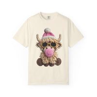 Faux Crochet Highland Cow Bubblegum - Comfort Colors | Trendy Women's T-Shirt. Direct to Garment. Printed & Shipped in the USA. Unisex Sizes.