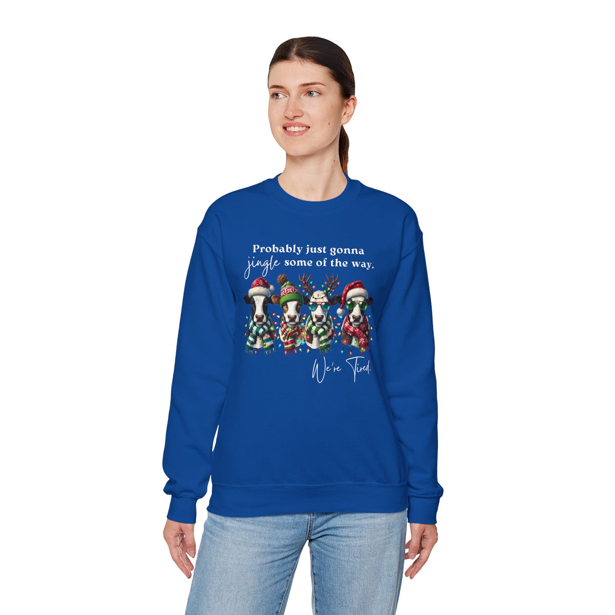 Christmas Cows - Probably Just Gonna Jingle Some Of The Way – Gildan Heavy Blend | Trendy Women’s and Men's Soft Sweatshirt. Direct to Garment. Printed & Shipped in the USA. Unisex Sizes.