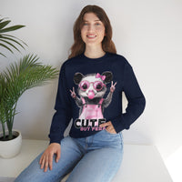 Cute But Feral, Possum in Pink Bibs – Gildan Heavy Blend | Trendy Women’s Soft Sweatshirt. Direct to Garment. Printed & Shipped in the USA. Unisex Sizes.