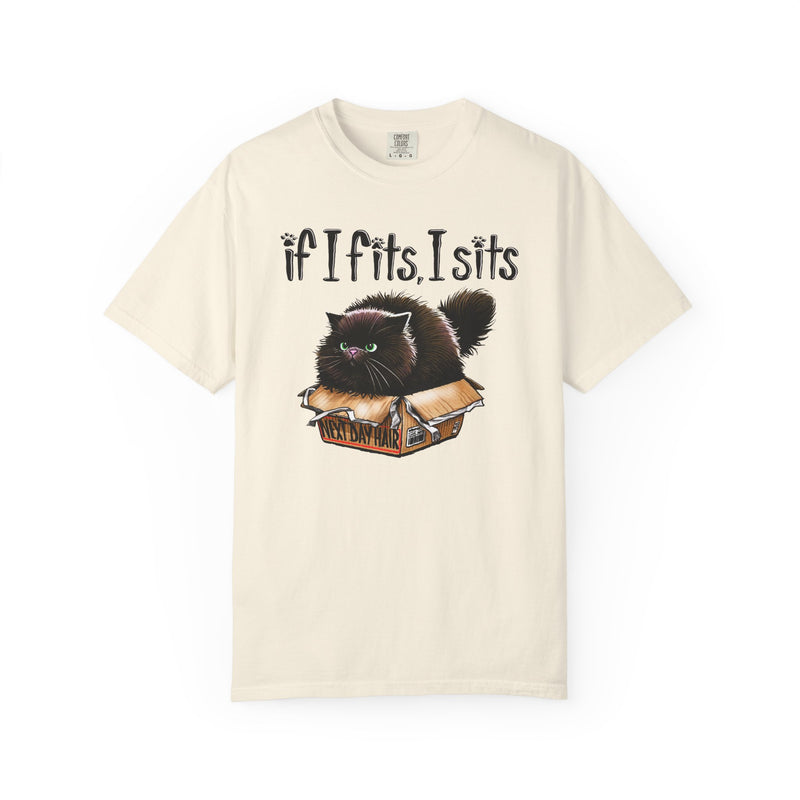 If I Fits I Sits, Cat in a Box - Comfort Colors | Trendy Women's and Men's T-Shirt. Direct to Garment. Printed & Shipped in the USA. Unisex Sizes.