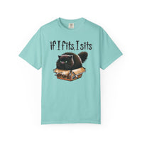 If I Fits I Sits, Cat in a Box - Comfort Colors | Trendy Women's and Men's T-Shirt. Direct to Garment. Printed & Shipped in the USA. Unisex Sizes.