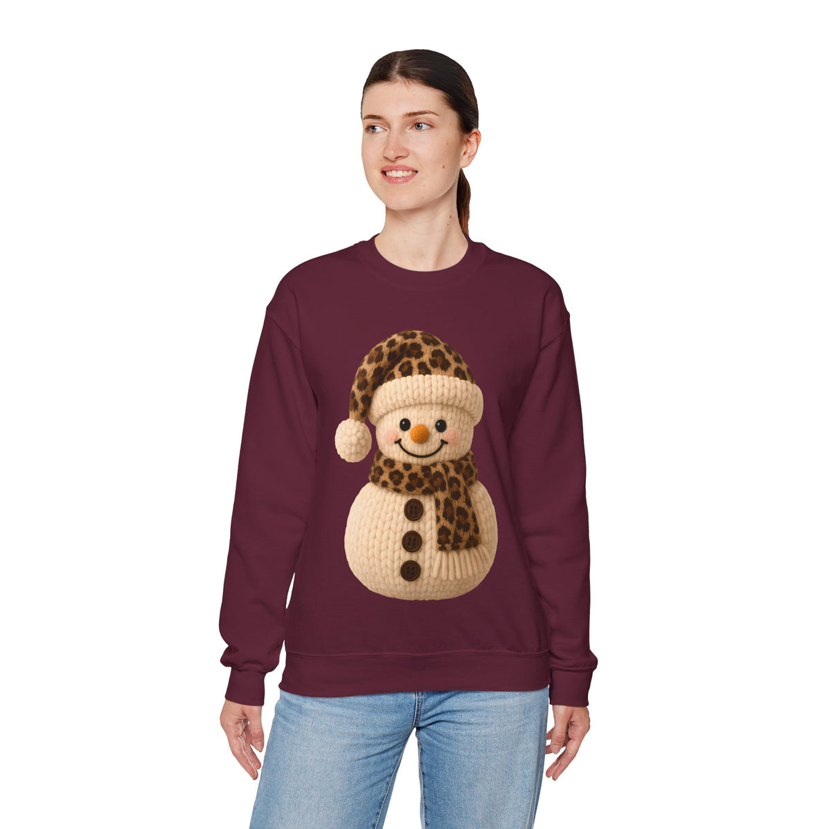 Cute Leopard Faux Knit Snowman Winter – Gildan Heavy Blend | Trendy Women’s Soft Sweatshirt. Direct to Garment. Printed & Shipped in the USA. Unisex Sizes.