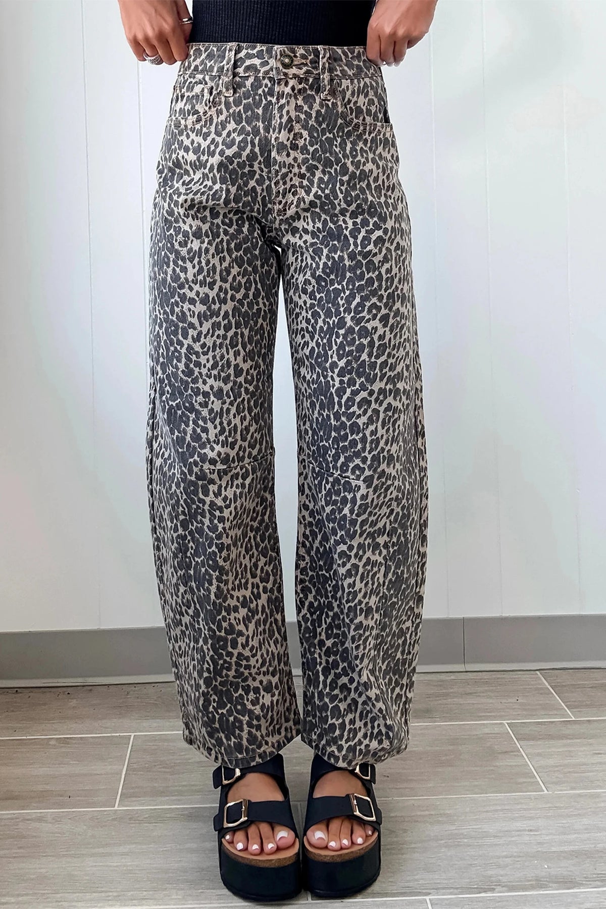 High-Rise Black Leopard Print Barrel Jeans