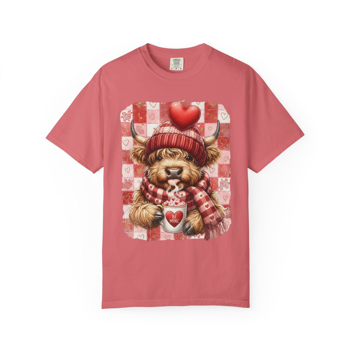 Highland Cow Be Mine, Red Checkered - Comfort Colors | Trendy Women's T-Shirt. Direct to Garment. Printed & Shipped in the USA. Unisex Sizes.