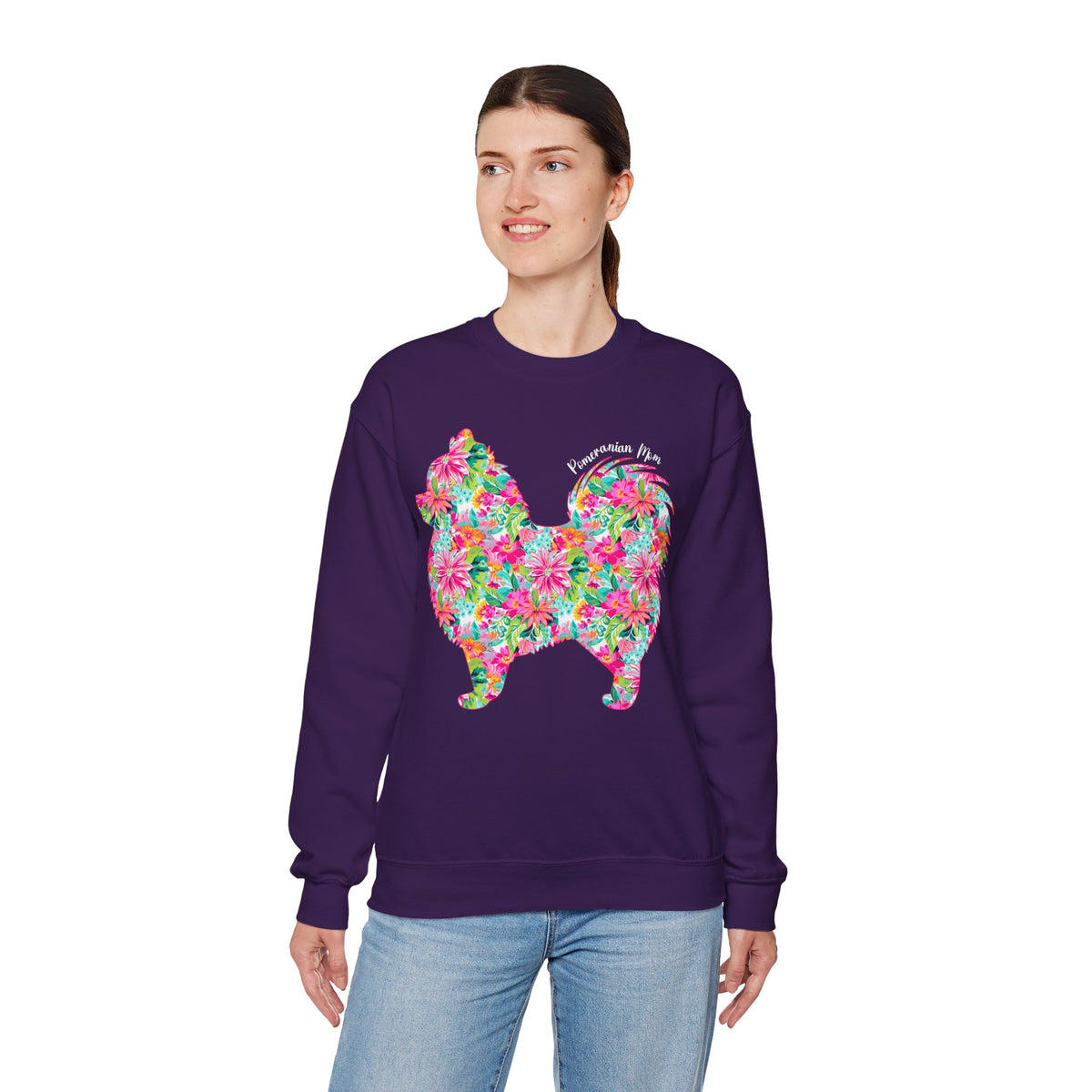 Pomeranian Mom, Floral – Gildan Heavy Blend | Trendy Women’s Soft Sweatshirt. Direct to Garment. Printed & Shipped in the USA. Unisex Sizes.