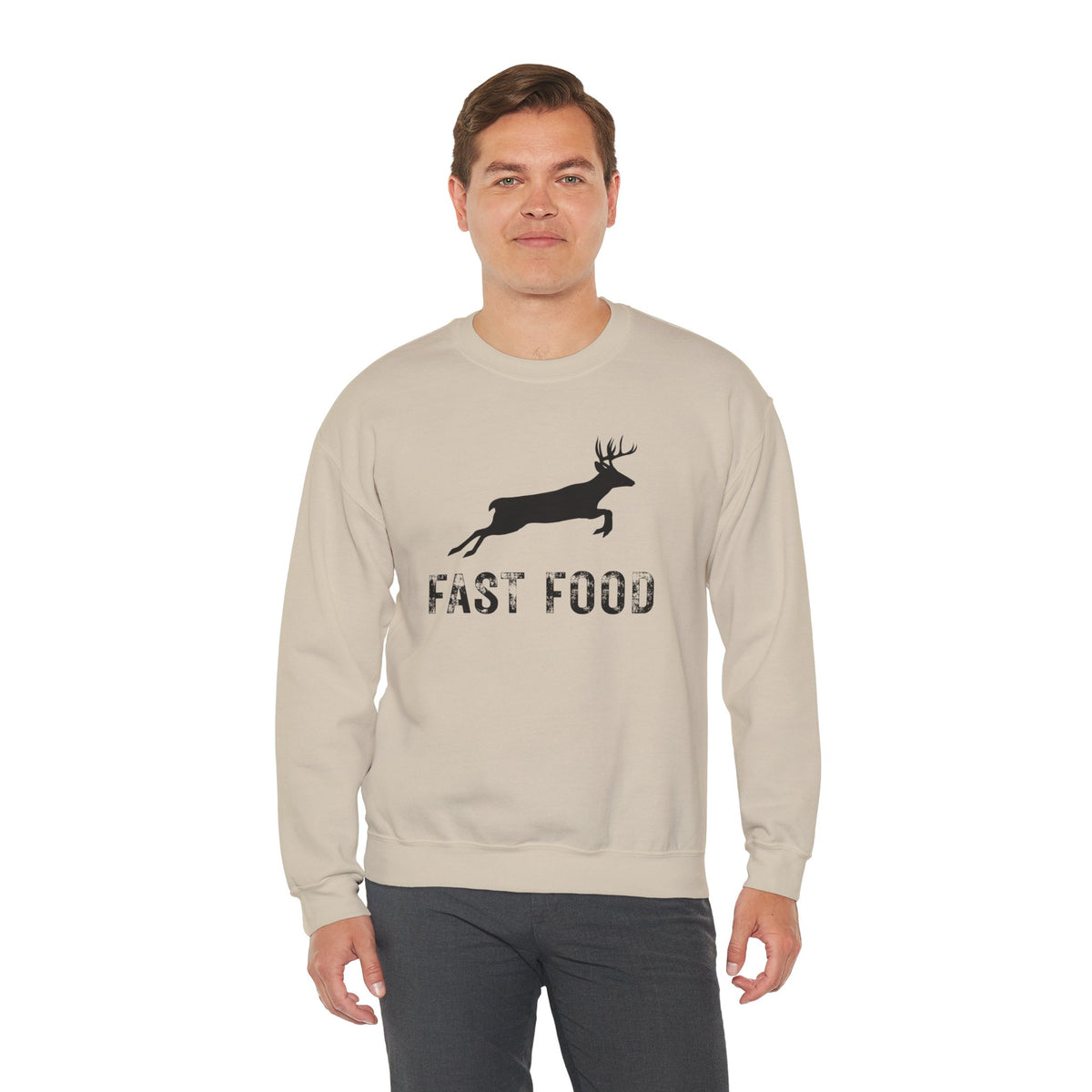 Fast Food Deer Hunting Humor Distressed – Gildan Heavy Blend | Trendy Men's and Women’s Soft Sweatshirt. Direct to Garment. Printed & Shipped in the USA. Unisex Sizes.