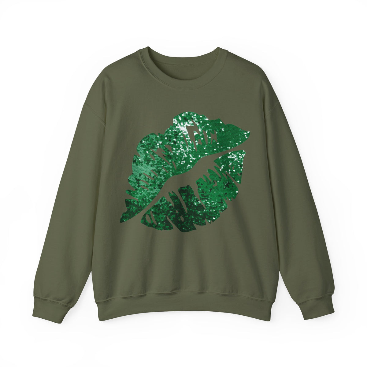 Green Faux Glitter Kiss – Gildan Heavy Blend | Trendy Women’s Soft Sweatshirt. Direct to Garment. Printed & Shipped in the USA. Unisex Sizes.