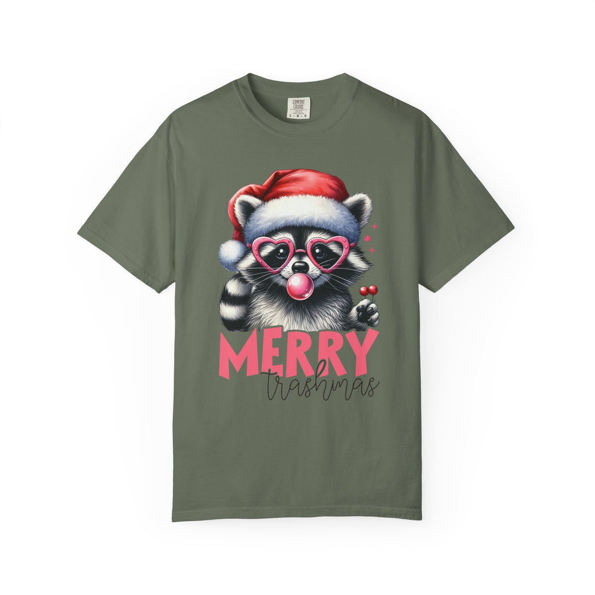 Merry Trashmas Bubblegum Raccoon w/Santa Hat Christmas - Comfort Colors | Trendy Women's T-Shirt. Direct to Garment. Printed & Shipped in the USA. Unisex Sizes.